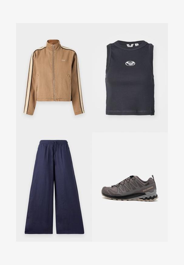 Jasnobrązowa kurtka zapinana na zamek z beżowymi i czarnymi paskami na rękawach, wysokim kołnierzem, bocznymi kieszeniami oraz małym białym logo "obey" na klatce piersiowej.; Czarny prążkowany crop top z okrągłym dekoltem i bez ramiączek. Posiada biały logo umieszczone na środku klatki piersiowej. Gładka tekstura.; Granatowe spodnie o szerokich nogawkach z elastycznym paskiem, ze szczegółami związanymi z sznurkiem oraz miękkim, lekkim materiałem. Prosty, swobodny krój bez ozdób.; Szare buty outdoorowe z siateczkowej i syntetycznej cholewki, wyściełanym kołnierzem oraz teksturowaną podeszwą z głębokimi nacięciami dla lepszej przyczepności. Regulowany system sznurowania.