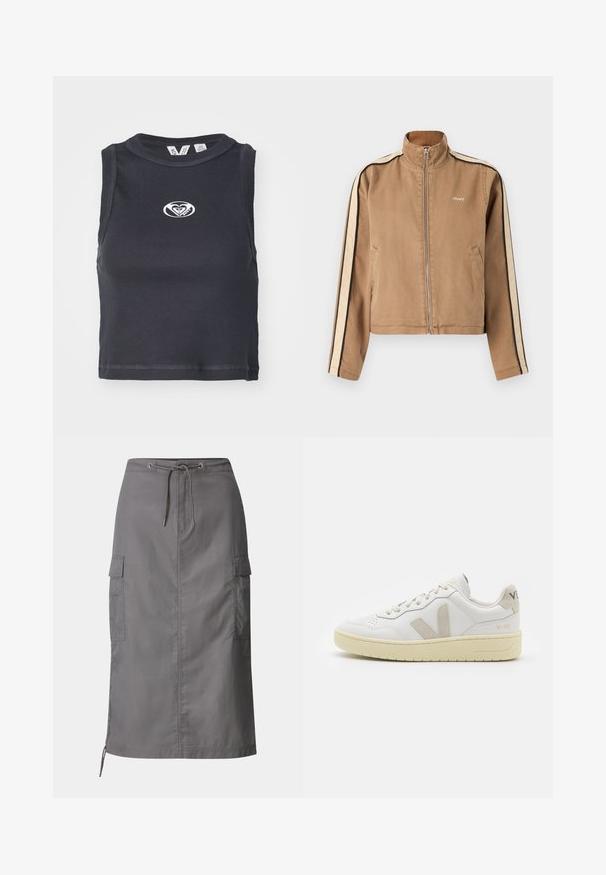 Light brown zip-up jacket with beige and black stripes on sleeves, high collar, side pockets, and small white "obey" logo on chest.; Black ribbed crop top with a round neckline and sleeveless design. Features a white logo centered on the chest. Smooth texture.; Grey cargo skirt made of lightweight fabric, featuring drawstring waist, side pockets, and a straight cut with a slightly longer back hem.; White leather sneaker with beige suede accents, perforated toe box, flat laces, and a textured cream sole. Features subtle branding on heel.