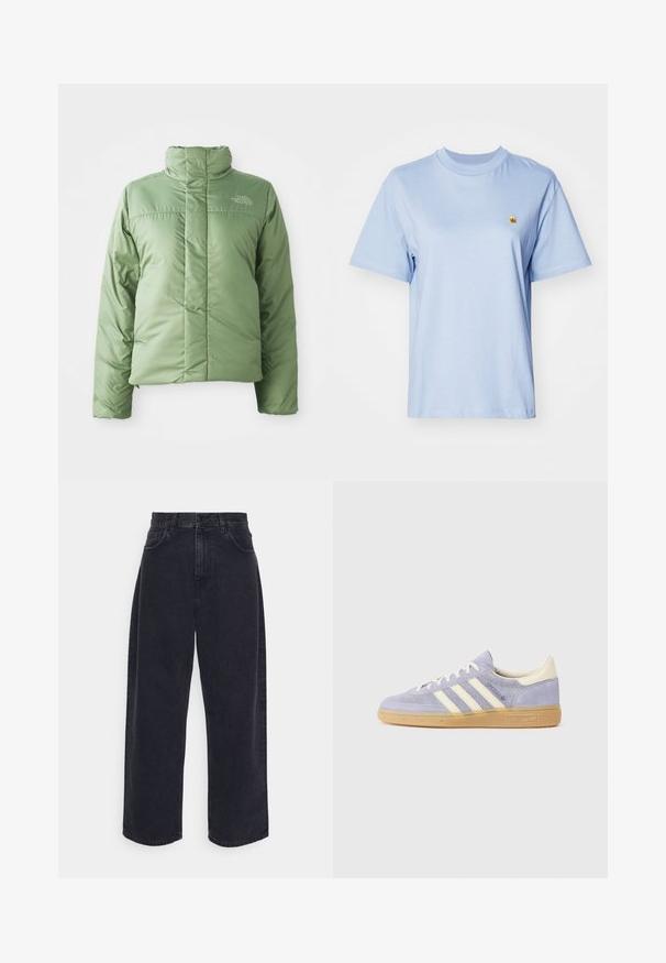 Chaqueta de abrigo de color verde claro con cuello alto, cierre de cremallera y costuras cosidas. Presenta un logo en el pecho y una textura de tela suave y brillante.; Camiseta de algodón azul claro con mangas cortas, cuello redondo y pequeño logo amarillo bordado en el pecho. Textura suave, corte relajado.; Jeans de mezclilla negros de tiro alto y pierna ancha, con cinco bolsillos, cierre de botón y detalles de costura sutiles.; Zapatillas de ante púrpura con tres rayas blancas, suela de goma y acentos crema en el talón y la lengüeta. Diseño minimalista con detalle de logo.
