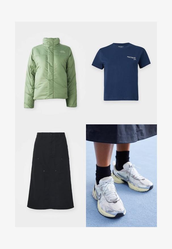 Light green puffer jacket with a high collar, zip closure, and sewn seams. Features logo on the chest and smooth, shiny fabric texture.; Navy blue cotton t-shirt with short sleeves, round neckline, and a white logo printed on the front left side. Simple design, smooth texture.; Black skirt made of cotton, featuring a front button closure, two large pocket details, and a straight silhouette. Smooth texture.; White and silver Nike sneakers with mesh fabric, reflective accents, and a beige sole. Worn with black socks, standing on a blue surface.