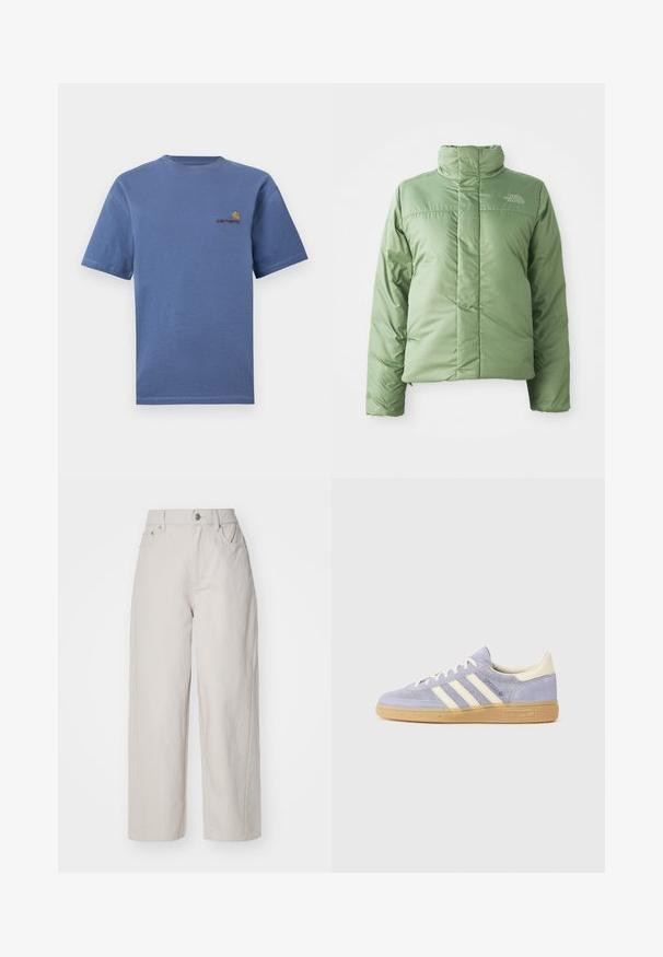 Lyst grøn pufferjakke med høj krave, lynlås lukning og syede sømme. Har logo på brystet og en glat, shiny stofstruktur.; Blå bomulds T-shirt med korte ærmer, der har et lille rødt og gult logo på brystet. Enkel rund halsudskæring med lige afslutning.; Beige brede benbukser i cotton med høj talje, knap- og lynlås-lukning og fire lommer; glat tekstur med denim-finish.; Lilla ruskindsneaker med tre hvide striber, gummisål og cremefarvede detaljer ved hælen og tungen. Minimalistisk design med logodetalje.