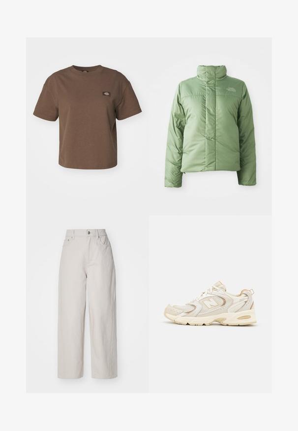 Svetle zelená péřová bunda s vysokým límcem, zipovým zapínáním a šitými švy. Má logo na hrudi a hladkou, lesklou texturu látky.; Dickies OAKPORT BOXY TEE - Jednoduché tričko - mushroom; Béžové široké kalhoty z bavlny s vysokým pasem, zapínáním na knoflík a zip a čtyřmi kapsami; hladký povrch s denimovým dojmem.; Béžové sportovní boty s síťovinou a syntetickými vrstvami, mají texturovaný povrch, polstrovaný límec a odpružení "ABZORB" v patě.