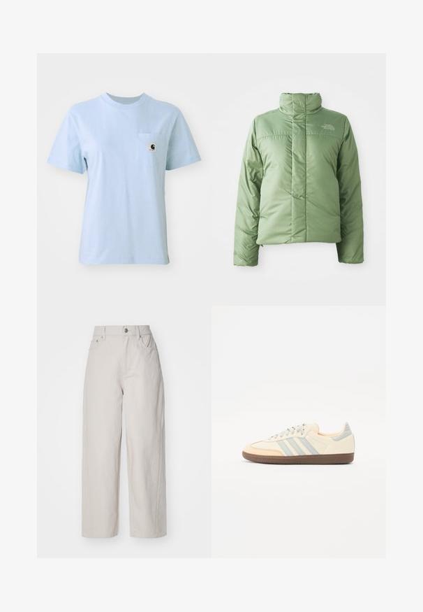 Svetle zelená péřová bunda s vysokým límcem, zipovým zapínáním a šitými švy. Má logo na hrudi a hladkou, lesklou texturu látky.; Svetle modré tričko s krátkým rukávem vyrobené z bavlny, s malou kapsičkou na prsou a logem. Jednoduchý kulatý výstřih, hladká textura.; Béžové široké kalhoty z bavlny s vysokým pasem, zapínáním na knoflík a zip a čtyřmi kapsami; hladký povrch s denimovým dojmem.; Tenisky s krémovým koženým svrškem, světle modrými pruhy a broskvovými akcenty. Mají strukturovanou hnědou gumovou podrážku a minimalistický design.