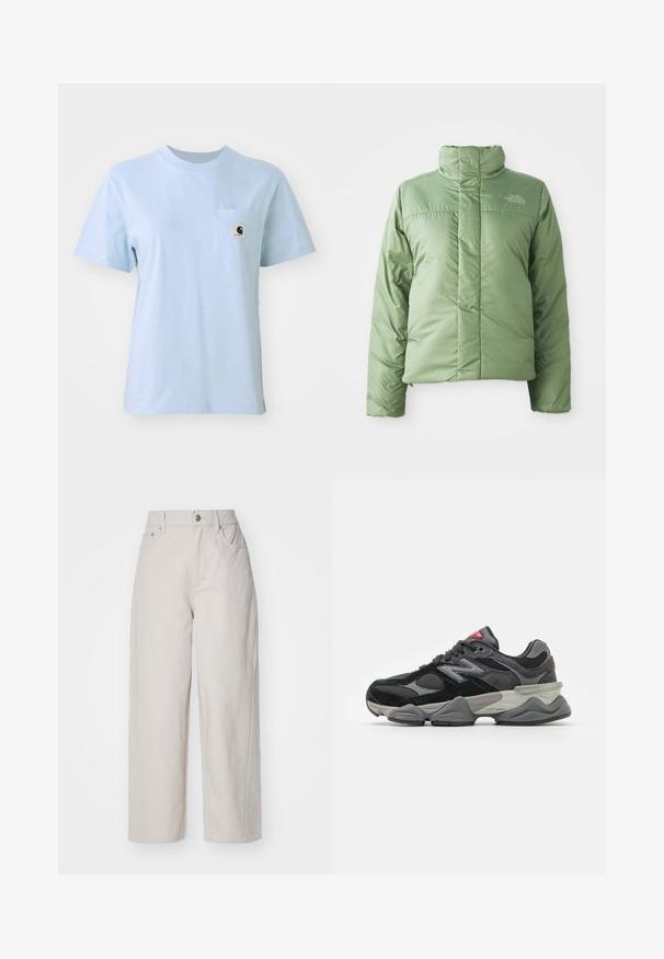 Ljusgrön puffjacka med hög krage, dragkedjestängning och sydda sömmar. Har en logotyp på bröstet och en slät, glänsande tygtextur.; Ljusblå t-shirt med kort ärm i bomull, med en liten bröstficka med en logotypetikett. Enkel rund halsringning, mjuk textur.; Beiga vida bomullbyxor med hög midja, knapp- och dragkedjeöppning, samt fyra fickor; slät yta med denimfinish.; Svarta och grå sneakers med en kombination av mocka och mesh-material, tjock sula, framträdande logotyp och röd accent på tungan.