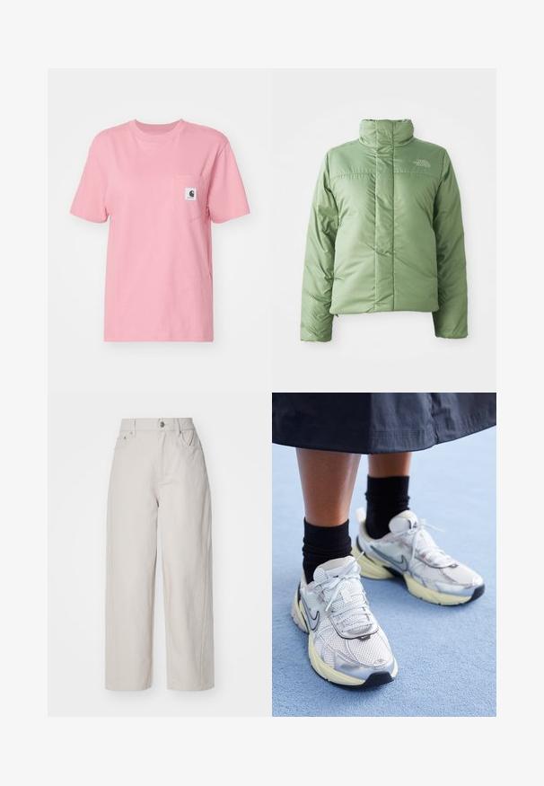 Kergelt roheline puffer-jakk kõrge kraega, lukuga kinnituse ja õmblustega. Omab logo rinna peal ja sileda, läikiva kangastruktuuri.; Carhartt WIP POCKET - Lihtne T-särk - dusty rose; Beez värvi laiad puuvillased püksid kõrge vöökoht, nupuga ja tõmblukuga kinnitamine ning neli taskut; sile tekstuur denimpinnaga.; Valged ja hõbedased Nike tennisajalatsid, millel on võrgukangas, peegeldavad detailid ja beež tald. Kantud mustade sokkidega, seisab sinisel pinnal.