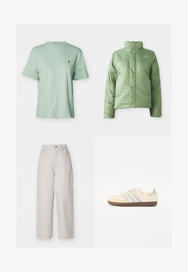 Svetle zelená péřová bunda s vysokým límcem, zipovým zapínáním a šitými švy. Má logo na hrudi a hladkou, lesklou texturu látky.; Jednoduché mintově zelené bavlněné tričko s kulatým výstřihem, krátkými rukávy a malým vyšitým logem na hrudi. Měkká textura a volný střih.; Béžové široké kalhoty z bavlny s vysokým pasem, zapínáním na knoflík a zip a čtyřmi kapsami; hladký povrch s denimovým dojmem.; Tenisky s krémovým koženým svrškem, světle modrými pruhy a broskvovými akcenty. Mají strukturovanou hnědou gumovou podrážku a minimalistický design.