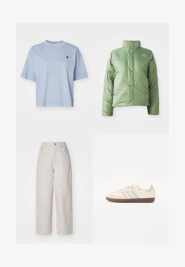 Light green puffer jacket with a high collar, zip closure, and sewn seams. Features logo on the chest and smooth, shiny fabric texture.; Carhartt WIP NELSON - Basic T-shirt - dusty ice; Beige wide-leg cotton trousers with a high waist, button and zipper closure, and four pockets; smooth texture with denim finish.; Sneakers with a cream leather upper, light blue stripes, and peach accents. Features a textured brown rubber sole and minimalistic design.
