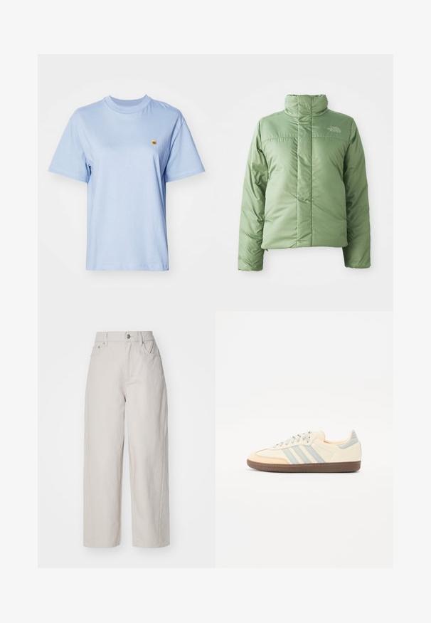 Lys grønn pufferjakke med høy krage, glidelås og sydd sømmer. Har logo på brystet og glatt, blankt stoff.; Lys blå bomulls T-skjorte med kort erm, rund halsutskjæring og lite gult broderi-logo på brystet. Myk tekstur, avslappet passform.; Beige vide benbukser i bomull med høy midje, knapp- og glidelås lukking, og fire lommer; glatt tekstur med denim-finish.; Joggesko med en kremfarget lærøverdel, lyseblå striper og ferskenfargede detaljer. Har en strukturert brun gummisåle og et minimalistisk design.