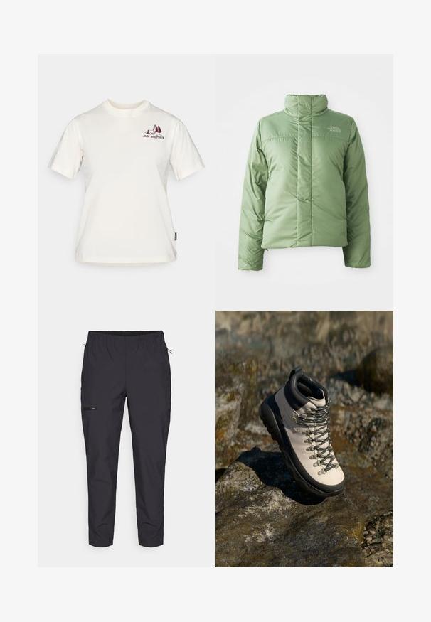 Svetlo zelena pufasta jakna z visokim ovratnikom, zadrgo in šivi. Ima logotip na prsih in gladko, sijočo teksturo tkanine.; Jack Wolfskin CADENA - Potiskana majica - white; Jack Wolfskin PRELIGHT TRAIL - Hlače za na prostem - black; Svetlo bež gojzerici s črnim gumijastim podplatom, fleksibilnim zgornjim delom, kovinskimi ušesi in sivimi vezalkami, postavljene na skalnati površini.