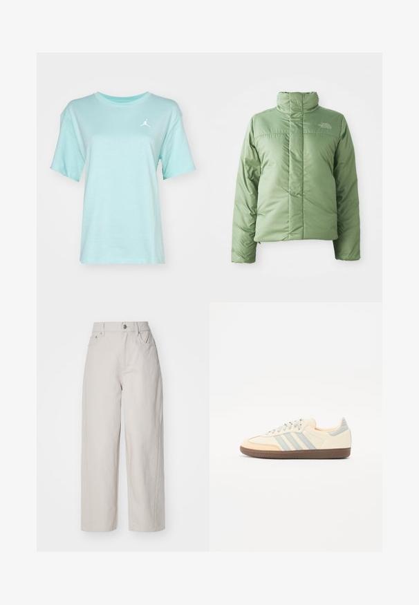 Lichtgroene pufferjack met een hoge kraag, ritssluiting en gestikte naden. Kenmerkt zich door een logo op de borst en een gladde, glanzende stofstructuur.; Lichtblauwe katoenen t-shirt met korte mouwen, ronde halslijn en een klein wit Jordan-logo op de bovenste linkerkant van de borst. Soepele textuur.; Beige wijde katoenbroek met hoge taille, knoop- en ritssluiting, en vier zakken; zachte textuur met denimafwerking.; Sneakers met een crèmekleurig leren bovenwerk, lichtblauwe strepen en perzikkleurige accenten. Beschikt over een getextureerde bruine rubberen zool en een minimalistisch ontwerp.