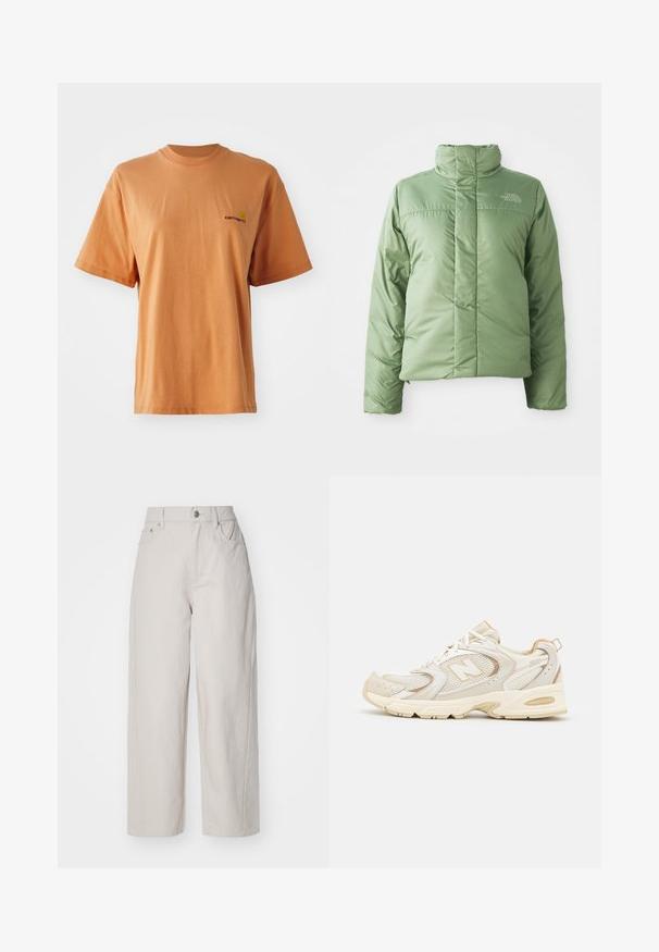 Kergelt roheline puffer-jakk kõrge kraega, lukuga kinnituse ja õmblustega. Omab logo rinna peal ja sileda, läikiva kangastruktuuri.; Lühikeste varrukatega, ümarat kaela lõikega T-särk tuhmides oranžides puuvillastes värvides, mille vasakul rinnal on väike tumepunane tikandlogoga.; Beez värvi laiad puuvillased püksid kõrge vöökoht, nupuga ja tõmblukuga kinnitamine ning neli taskut; sile tekstuur denimpinnaga.; Beežid spordijalatsid, millel on võrkpinnaga ja sünteetilised kattekihtid, tekstureeritud pind, pehme kaelus ja "ABZORB" pehmendus kandadel.