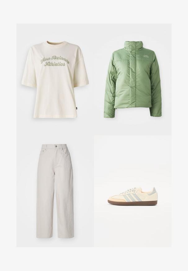 Vaaleanvihreä puffatakki, jossa on korkea kaulus, vetoketjukiinnitys ja ommeltuja saumoja. Rinnassa on logo ja sileä, kiiltävä kangas.; Valkoinen puuvillapaitainen t-paita lyhyillä hihoilla, jossa on kaareva vihreä teksti, joka lukee "New Balance Athletics."; Beige leveleina puuvillapöksyt korkealla vyötäröllä, nappi- ja vetoketjusuljenta, sekä neljä taskua; sileä rakenne denimiä jäljittelevällä viimeistelyllä.; Tennarit, joissa on kerma-nahkainen päällinen, vaalean siniset raidat ja persikan väriset yksityiskohdat. Varustettu teksturoidulla ruskealla kumipohjalla ja minimalistisella muotoilulla.
