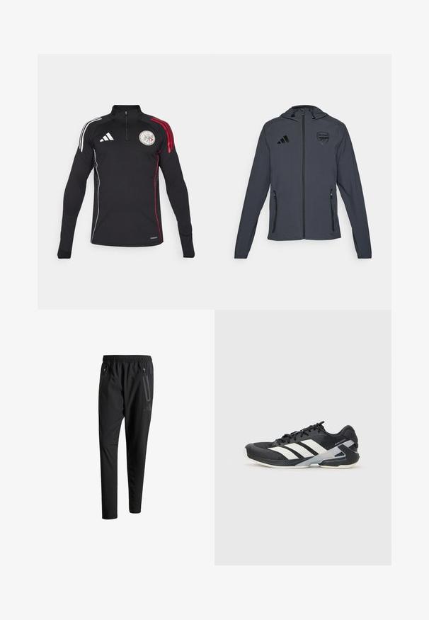 Veste à capuche grise avec des accents noirs, dotée d'une fermeture éclair à l'avant, de deux poches latérales et d'un logo Arsenal sur la poitrine gauche. Matériau léger.; Haut de sport noir à zip avec des manches longues, doté de trois rayures blanches sur une épaule, d'accents rouges et d'un logo circulaire sur la poitrine.; Pantalons de sport noirs avec une taille élastique, deux poches latérales zippées, des jambes fuselées et un détail de logo subtil sur la hanche.; Chaussure de sport noire avec des rayures blanches, tige en mesh, bout arrondi et semelle rembourrée. Comprend un talon texturé et un système de laçage sécurisé.