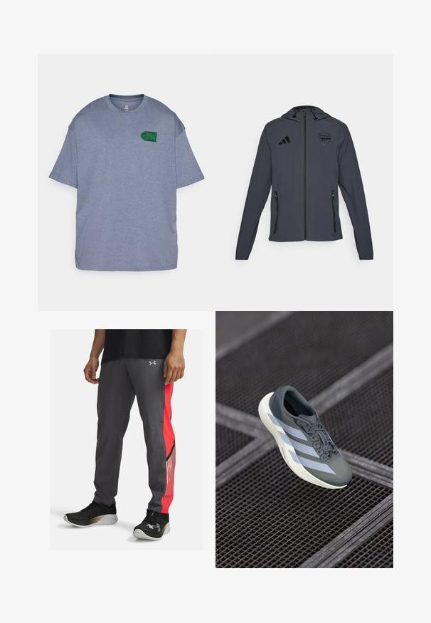 Gray hooded jacket with black accents, featuring a zipper front, two side pockets, and an Arsenal logo on the left chest. Lightweight material.; Gray short-sleeve t-shirt made of soft fabric, featuring a green basketball graphic with "96" on the left chest area. Relaxed fit design.; Athletic pants in gray with a red side panel and striped accents. Made of lightweight material. Features a logo on the hip and pockets.; Sport shoe in gray and white, made of synthetic material, with a streamlined design, textured finish, and prominent lacing system.