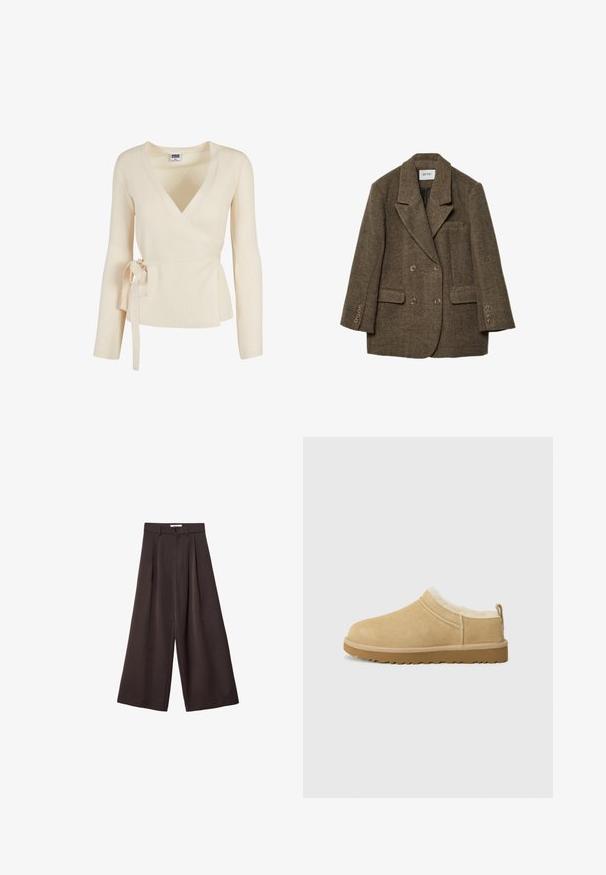 Hnědý tweedový sak s dvojitým zapínáním a klopami, dvěma předními kapsami a šesti knoflíkovými akcenty na rukávech. Texturovaný, strukturovaný design.; Béžový žebrovaný top s hlubokým výstřihem do V, dlouhými rukávy a detailem vázání v pase. Měkká textura s jemným vzorem.; Dvě tílka: jedno v tmavě hnědé barvě s žebrovanou texturou a širokými ramínky, druhé v smetanově bílé barvě, hladká tkanina se podobným designem.; Černé široké kalhoty s vysokým pasem, s předními záhyby a zapínáním na knoflík v pase, vyrobené z hladké látky.; Semišové nazouvací boty v světle hnědé barvě, s měkkou koženou podšívkou a texturovanou gumovou podrážkou s mírným podpatkem a poutkem na zadní straně pro snadné obutí.