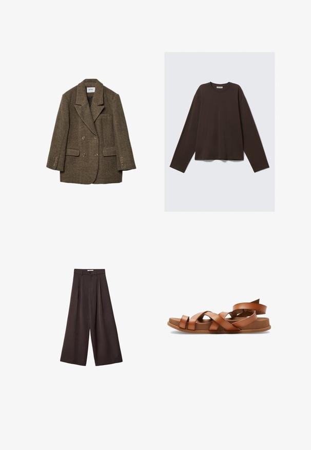 Brun tweed dobbeltbrystet blazer med skrå krave, to forlommer og seks knapdetaljer på ærmerne. Tekstil med struktureret design.; Brun langærmet skjorte lavet af blødt stof, med rund hals og løs pasform, med et enkelt design uden yderligere mønstre eller hardware.; Sorte vidde bukser med høj talje, med frontfolder og knaplukning i taljen, lavet af glat stof.; Brune lædersandaler med krydsede stropper, flade såler og let hævet hæl. Blød tekstur og minimalistisk design.