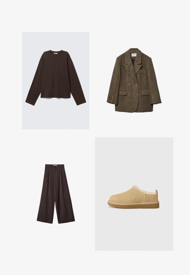 Brun tweed dobbeltbrystet blazer med skrå krave, to forlommer og seks knapdetaljer på ærmerne. Tekstil med struktureret design.; Brun langærmet skjorte lavet af blødt stof, med rund hals og løs pasform, med et enkelt design uden yderligere mønstre eller hardware.; Sorte vidde bukser med høj talje, med frontfolder og knaplukning i taljen, lavet af glat stof.; Suede slip-on sko i lys tan, med en blød pelsforing og tekstureret gummisål med en let hæl og bagestrop for nem påklædning.