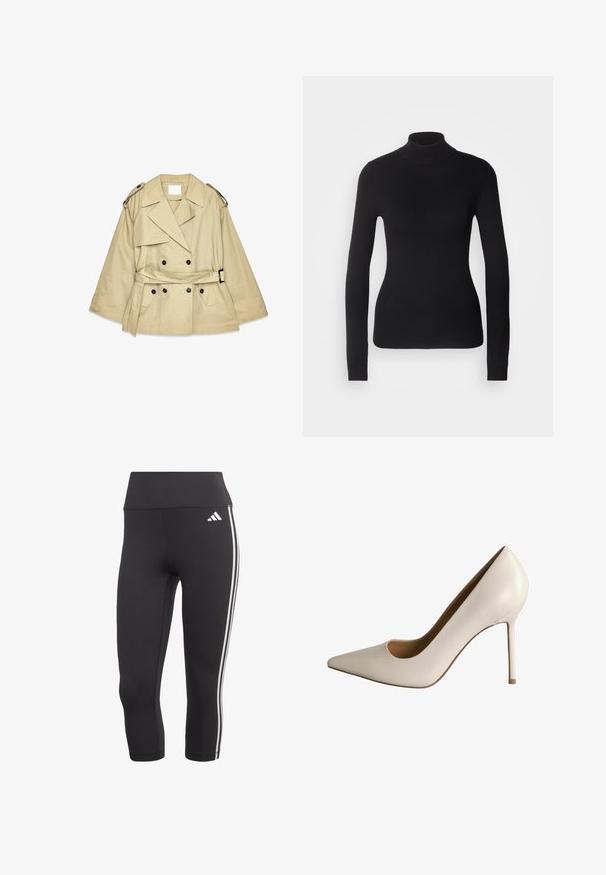 Bežna trench jakna z dvojnim zapenjanjem spredaj, velikimi ovratniki in ramenskimi epauleti. Ima pas z zaponko in stranske žepke.; Črn pulover s turtleneck ovratnikom, izdelan iz lahkega pletenega materiala. Ima dolge rokave, oblikovan kroj in mehak rebrast teksturiran izgled.; Črne legice do tri četrtine iz raztegljivega materiala z širokim pasom in tremi belimi črtami ob straneh.; Beli usnjeni salonar s visokim petam in koničastim nosom ter izrezom. Ima ozek stiletto peto in gladko teksturo, zasnovan za formalno obleko.