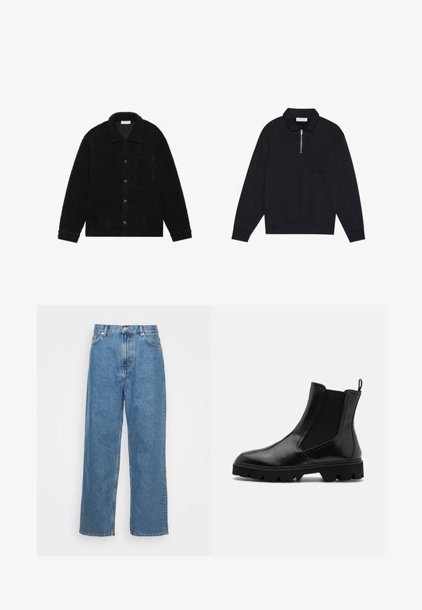 Black, textured jacket made of thick fleece material, featuring a collar, front buttons, and a single chest pocket.; Pier One Sweatshirt - black; Weekday GALAXY LOOSE STRAIGHT UNISEX - Loose Jeans - blue; Black Chelsea boots with a glossy leather finish, elastic side panels, a pull tab, and a chunky rubber sole with traction treads.
