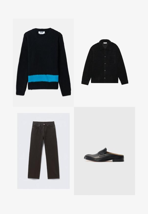 Sort, struktureret jakke lavet af tykt fleece-materiale, med krave, frontknapper og en enkelt brystlomme.; Sort strikket sweater med rillet tekstur, der har en vandret turkis stribe forneden. Klassisk rund halsudskæring og lange ærmer.; Svarte denimjeans med straight-leg design, fem lommer og kobberfarvet syning. Glat tekstur, klassisk knaplukning i taljen.; Sort læder slip-on sko med rund tå, lav blokhæl og en frontrem. Glat overflade med subtil logo detalje på remmen.