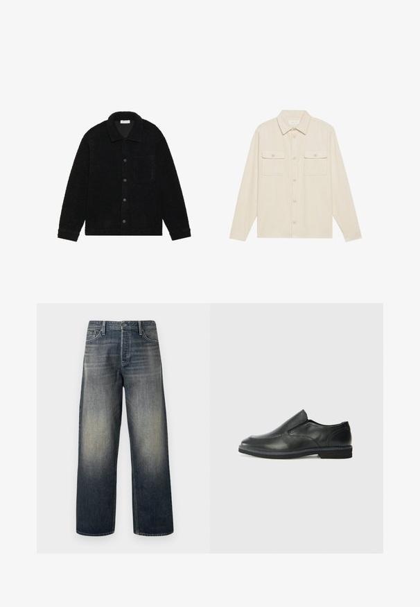 Svart, teksturert jakke laget av tykk fleece, med krage, frontknapper og en enkelt brystlomme.; Beige kordfløyelskjorte med lange ermer, spiss krage og to brystlommer. Har knappestolpe foran og strukturert stoff.; Videbuks i mørkeblå denim med gradientfinish, der har knaplukning, fem-lomme design og strukturerede syninger.; Sorte skinn slip-on sko med en jevn overflate, stikking detaljer, rund tå og en lav gummihæl. Sålen har minimal mønstring.