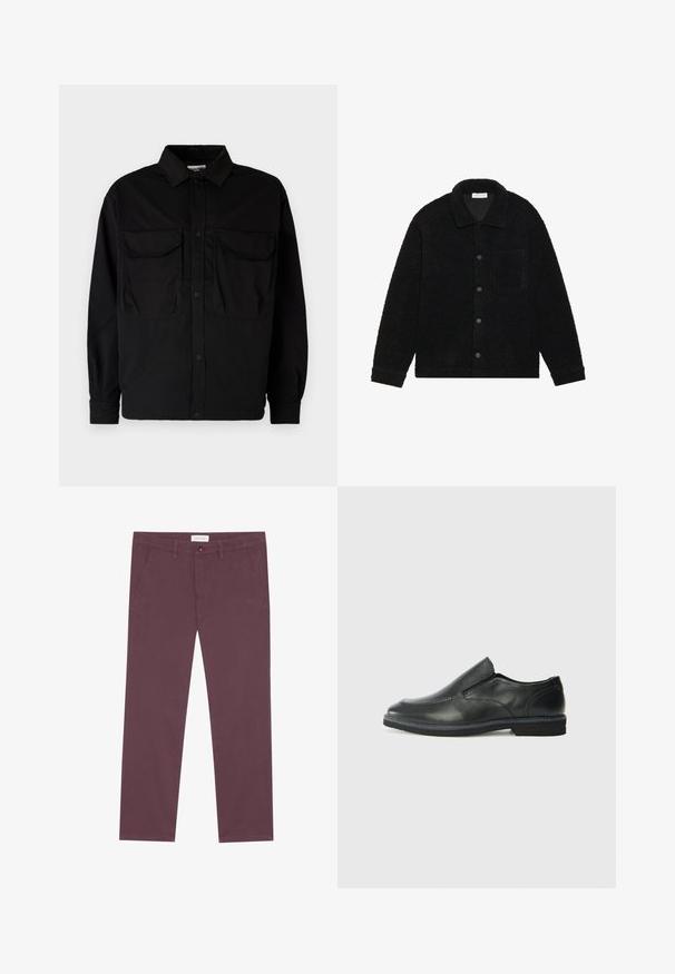 Must mustriga must paksust fliiskangast jakki, millel on krae, ees nööbid ja üks rinnatasku.; Jack & Jones JCOHELVETICA PARACHUTE OVERSHIRT - Pluus - black; Bordo puuvillased püksid sirge lõikega, millel on kaks küljetaskut ja ees nööp sulgemiseks. Sile tekstuur ja nähtavaid mustreid pole.; Must musta laia suuga king, millel on sile ülemine osa, õmmeldud detailid, ümmargune nina ja madal kummist konts. Tallal on minimaalne mustr.