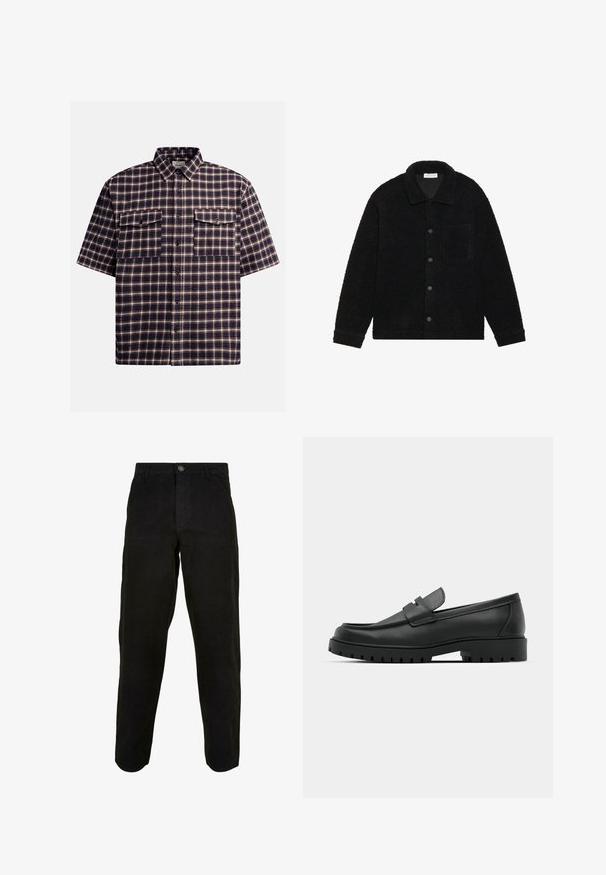 Schwarze, strukturierte Jacke aus dickem Fleece-Material, mit einem Kragen, vorderem Knopfverschluss und einer einzelnen Brusttasche.; Kurzärmliges kariertes Hemd in dunkelblau und burgunderrot, mit einem karierten Muster, zwei Brusttaschen und einer knöpfbaren Front.; Schwarze Baumwollhose mit geradem Bein, ausgestattet mit einem vorderen Knopfverschluss und seitlichen Taschen. Glatte Textur, ohne auffällige Muster.; Schwarze Lederloafer mit runder Zehenform, ausgestattet mit einem gesteppten Design, niedrigem Plattformsohle und einer strukturierten, genoppten Gummisohle.