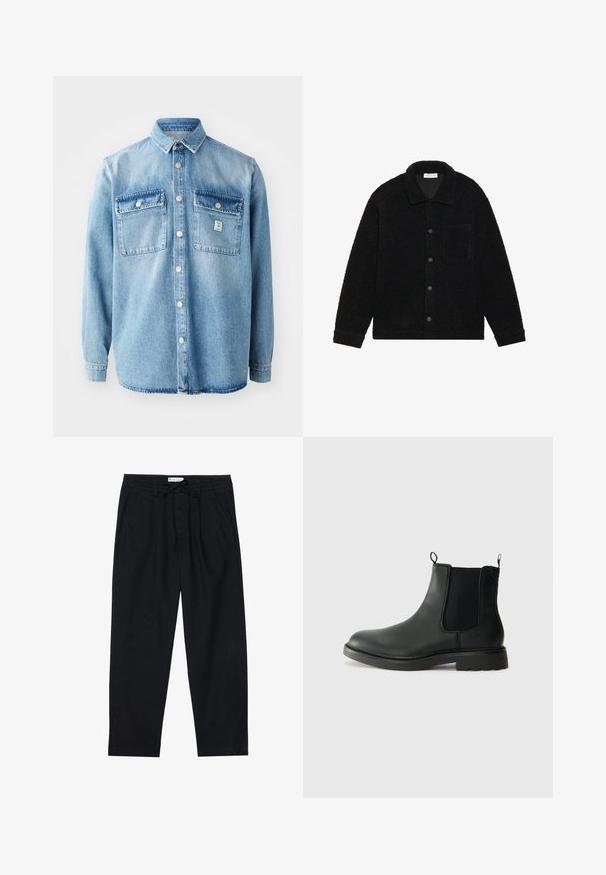 Černá, strukturovaná bunda vyrobená z hustého fleecu, s límcem, předními knoflíky a jednou náprsní kapsou.; Světle modrá džínová košile s dlouhými rukávy, s límečkem, dvojicí náprsních kapes a zapínáním na knoflíky vpředu. Obsahuje jemnou texturu látky a detaily šití.; Pier One Chino kalhoty - black; Černé kožené chelsea boty s elastickými bočními panely, poutky na patě, kulatou špičkou a strukturovanou gumovou podrážkou. Hladký povrch a robustní design.