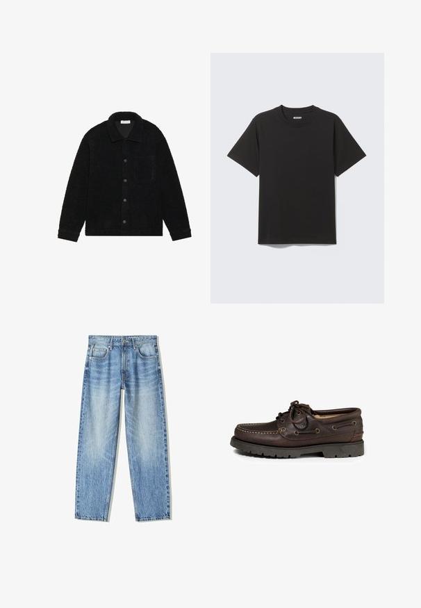 Czarna, textured kurtka z grubego materiału polarowego, z kołnierzem, guzikiem z przodu i jedną kieszenią na piersi.; Czarny T-shirt z krótkim rękawem wykonany z miękkiej bawełny, z okrągłym dekoltem i prostym wzorem bez wzorów i zdobień.; Jasnoniebieskie dżinsy o luźnym kroju, prostych nogawkach, pięcioma kieszeniami i wyblakłej fakturze. Zawierają zamek błyskawiczny i zapięcie na guziki z przodu.; Brązowe skórzane buty żeglarskie z zaokrąglonym noskiem, ozdobnymi szwami oraz metalowymi oczkami na sznurówki. Gumowa podeszwa z bieżnikiem.