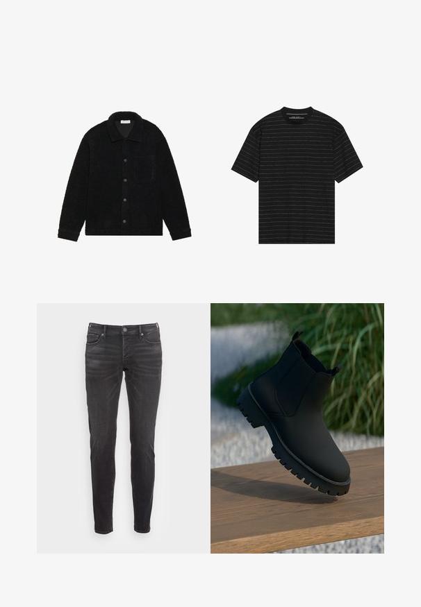 Casaco preto, texturizado, feito de material de fleece espesso, com colarinho, botões frontais e um único bolso no peito.; T-shirt preto de manga curta com finas riscas horizontais brancas. Feito de um tecido suave com decote redondo e corte descontraído.; Jeans de ganga pretos com um corte slim, apresentando um design de cinco bolsos, fecho de botão e desbotamento mínimo para uma aparência limpa.; Bota ankle preta com um acabamento suave, painéis laterais elásticos e uma sola grossa e robusta. Colocada contra um fundo natural sobre uma superfície de madeira.