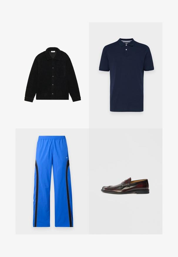 Jachetă neagră, texturată, realizată dintr-un material gros de fleece, cu un guler, nasturi pe față și un singur buzunar pe piept.; Polo cu mânecă scurtă, de culoare albastru închis, fabricat din bumbac, având un guler cu trei butoane și dungi orizontale subtile pe guler.; Pantaloni de sport albaștri, confecționați dintr-un material ușor, cu panouri laterale negre și accente albe. Talie elastică pentru o potrivire sigură.; Mocasini pentru bărbați din piele burgundă închisă, cu bandă tip penny și cusături decorative, talpă plată neagră, prezentate în profil lateral.
