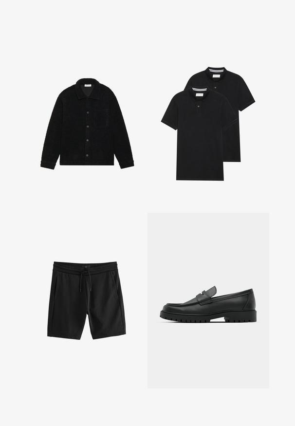 Čierna štruktúrovaná bunda vyrobená z hrubého fleece materiálu, s golierom, prednými gombíkmi a jednou náprsní kapsou.; Dvé čierne polo tričká, krátke rukávy, vyrobené z bavlny, s klasickým golierom, dvojitým gombíkom a bielymi pruhmi vo vnútri goliera.; Čierne športové šortky vyrobené z jemnej bavlnenej zmesi, s elastickým pásom a šnúrkou na stiahnutie, a dvoma bočnými vreckami.; Čierne kožené mokasíny s okrúhlou špičkou, s prešitým dizajnom, nízkou platformou a textúrovanou, zúbkovanou gumovou podrážkou.