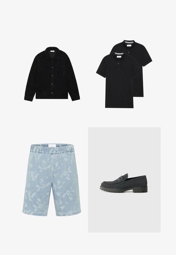 Melnā struktūrētā jaka, kas izgatavota no bieza vilnas materiāla, ar apkakli, priekšējiem pogām un vienu krūšu kabatu.; Divas melnas polo krekli, īsām piedurknēm, no kokvilnas materiāla, ar klasisku apkakli, divu pogu aizdari un balti svītroti akcenti apkakles iekšpusē.; Gaiši zili džinsu šorti ar maigu ziedu rakstu, elastīgu jostu un taisnu piegriezumu. Redzami nav kabatu.; Melna loafers kurpe ar gludu, matētu apdari, ar noapaļotu purngalu un biezu, teksturētu zoli. Akcentēta ar priekšējo siksnu.