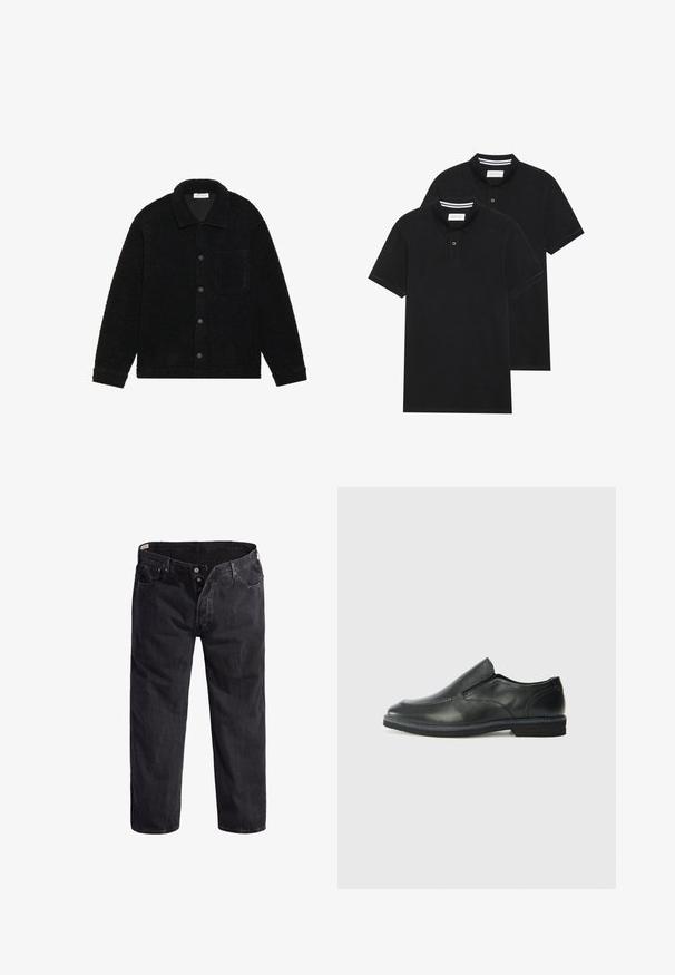 Schwarze, strukturierte Jacke aus dickem Fleece-Material, mit einem Kragen, vorderem Knopfverschluss und einer einzelnen Brusttasche.; Zwei schwarze Polohemden, kurzärmlig, aus Baumwolle, mit einem klassischen Kragen, zwei Knöpfen und weißen Streifenakzenten im Inneren des Kragens.; Schwarze Denim-Jeans mit geradem Bein, fünf Taschen, Knopfverschluss und orangefarbenen Nähten. Leicht ausgewaschene Textur überall.; Schwarze Leder-Slipper mit glattem Obermaterial, gesteppten Akzenten, runder Zehenpartie und niedrigem Gummiabsatz. Die Sohle hat ein minimales Profil.