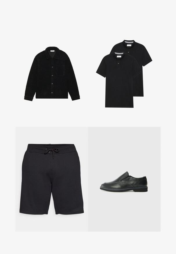 Čierna štruktúrovaná bunda vyrobená z hrubého fleece materiálu, s golierom, prednými gombíkmi a jednou náprsní kapsou.; Dvé čierne polo tričká, krátke rukávy, vyrobené z bavlny, s klasickým golierom, dvojitým gombíkom a bielymi pruhmi vo vnútri goliera.; Čierne bavlnené šortky s elastickým pásom a šnúrkou. Obsahujú bočné vrecká a hladkú textúru so šitými švami.; Čierny kožený nazúvací topánka s hladkým zvrškom, prešitými akcentmi, zaoblenou špičkou a nízkym gumovým podpätkom. Podošva má minimálny dezén.