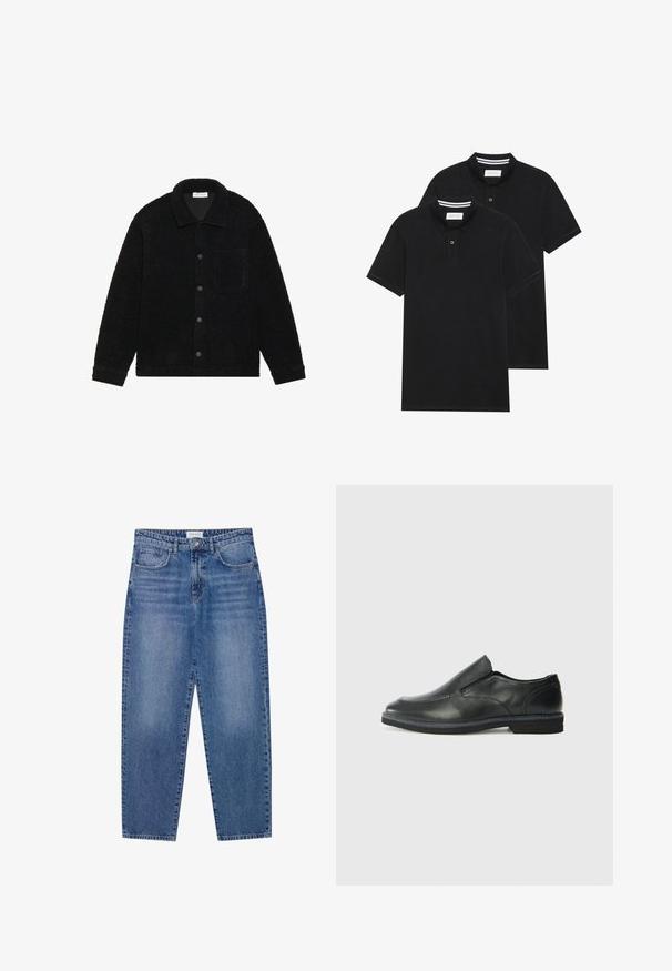 Casaco preto, texturizado, feito de material de fleece espesso, com colarinho, botões frontais e um único bolso no peito.; Duas camisetas polo pretas, de manga curta, em material de algodão, com colarinho clássico, abertura com dois botões e detalhes em riscas brancas no interior do colarinho.; Jeans de ganga azuis com cintura alta, design de perna reta e acabamento desbotado. Apresenta cinco bolsos e fecho de botão.; Sapato slip-on preto em pele com um upper liso, acabamentos cosidos, bico arredondado e um salto de borracha baixo. A sola apresenta um padrão de aderência mínimo.