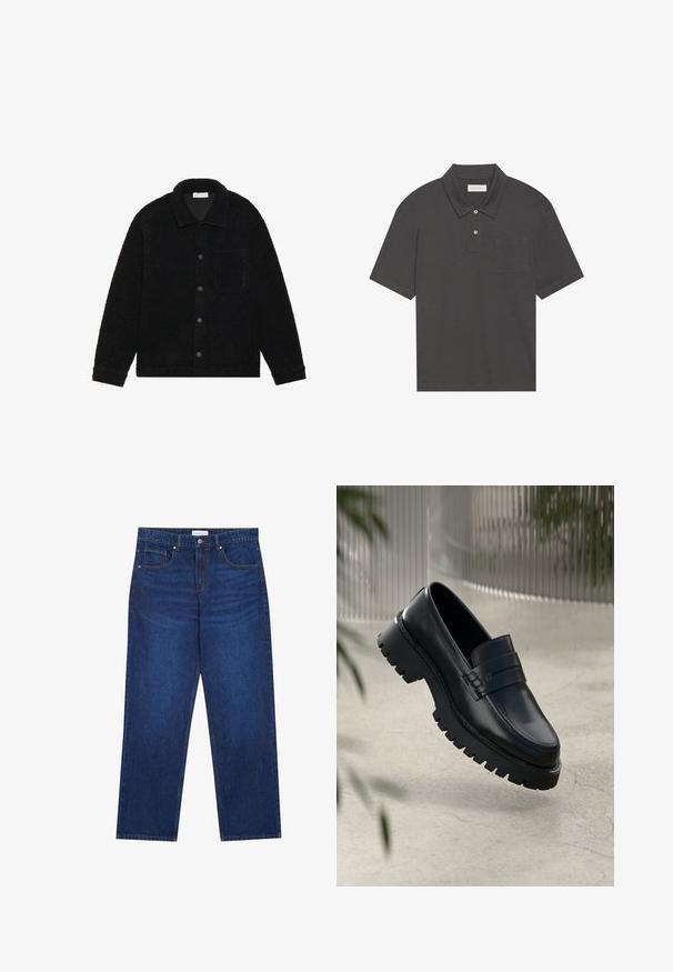 Casaco preto, texturizado, feito de material de fleece espesso, com colarinho, botões frontais e um único bolso no peito.; Polo cinza escuro com colarinho tradicional, pala de três botões, mangas curtas e um bolso no lado esquerdo do peito. Textura do tecido suave.; Jeans de ganga em azul escuro com um design de perna reta, apresentando um fecho de botão e fecho de correr, cinco bolsos e detalhes de costura visíveis.; Mocassins de couro preto com sola de rasto espesso, apresentando uma tira decorativa e detalhes de costura. Textura suave com um acabamento polido.