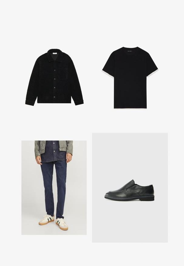 Black, textured jacket made of thick fleece material, featuring a collar, front buttons, and a single chest pocket.; Black short-sleeve t-shirt with a textured fabric, featuring white accents on the cuffs. Rounded neckline, relaxed fit.; Dark blue denim jeans with a straight cut, paired with a gray suede jacket and white sneakers featuring green and red stripes.; Black leather slip-on shoe with a smooth upper, stitched accents, rounded toe, and a low rubber heel. Sole features minimal tread.