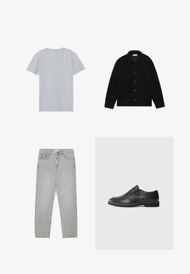 Casaco preto, texturizado, feito de material de fleece espesso, com colarinho, botões frontais e um único bolso no peito.; T-shirt cinza de manga curta feito em uma mistura de algodão macio, com um clássico decote redondo e uma textura suave e leve.; Calças de ganga cinza claro com um design de perna reta, estilo de cinco bolsos e fecho com botão. Costura visível ao longo das costuras.; Sapato slip-on preto em pele com um upper liso, acabamentos cosidos, bico arredondado e um salto de borracha baixo. A sola apresenta um padrão de aderência mínimo.