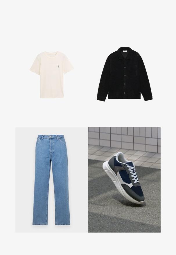 Černá, strukturovaná bunda vyrobená z hustého fleecu, s límcem, předními knoflíky a jednou náprsní kapsou.; Krémové bavlněné tričko s krátkým rukávem, kulatým výstřihem a malým zeleným geometrickým logem na levé straně hrudi. Měkká textura, jednoduchý design.; Světle modré džíny rovného střihu s klasickým designem pěti kapes, s předním knoflíkovým zapínáním a poutky na opasek. Hladká textura.; Tenisky s horní částí z námornicky modré síťoviny, šedými semišovými akcenty, bílou gumovou podrážkou a plochými bílými tkaničkami, navržené pro pohodlí a prodyšnost.