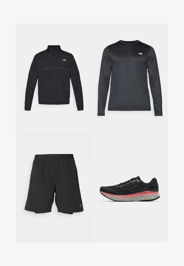Svart lett jakke med høyt krage, hel glidelås og kontrastfarget perforert panel på brystet. Har New Balance-logo på venstre side.; Langermet treningsskjorte i svart, laget av glatt, lett stoff med en subtil tekstur. Har en liten logo på øvre venstre bryst.; Sorte treningsshorts laget av lett materiale med elastisk midje, med sidesplitter og en liten logo nederst på kanten.; Svarte joggesko med mesh-overdel, accentuert av en rosa mellomsålestripe og grå yttersåle. Har teksturerte detaljer og et fleksibelt såledesign.