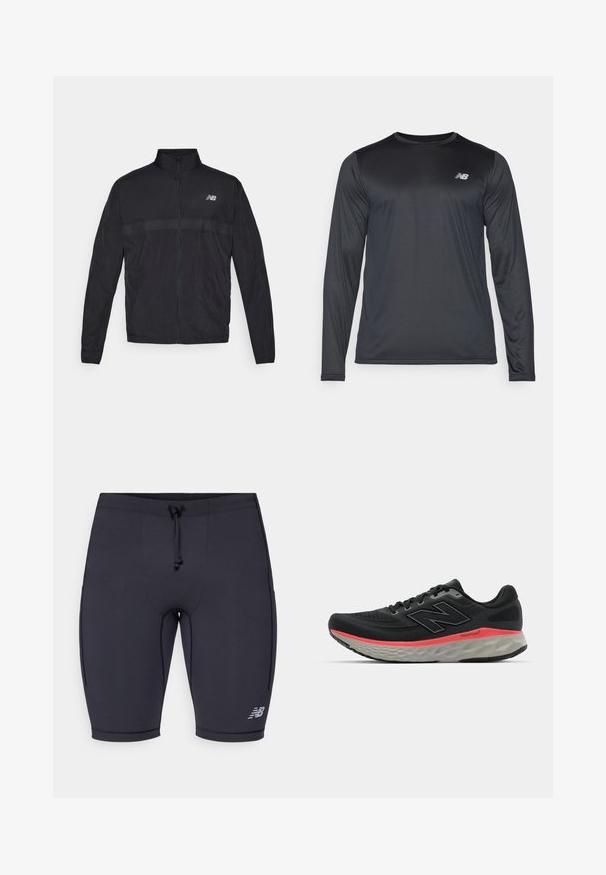 Črna lahka jakna z visokim ovratnikom, polnim zadrgo in kontrastnim perforiranim panelom na prsih. Značilna je logotip New Balance na levi strani.; Majica za šport z dolgimi rokavi v črni barvi, izdelana iz gladkega, lahkega blaga z rahlo teksturo. Ima majhen logotip na zgornjem levem delu prsnega koša.; Črne športne kratke hlače z oprijeto zasnovo, elastičnim pasom, zavezovanjem in odsevnim logotipom na spodnji strani.; Črne tekaške čevlje z mrežastim zgornjim delom, okrašene s roza srednjim delom podplata in sivo podplatom. Imajo teksturirane podrobnosti in prilagodljivo zasnovo podplata.