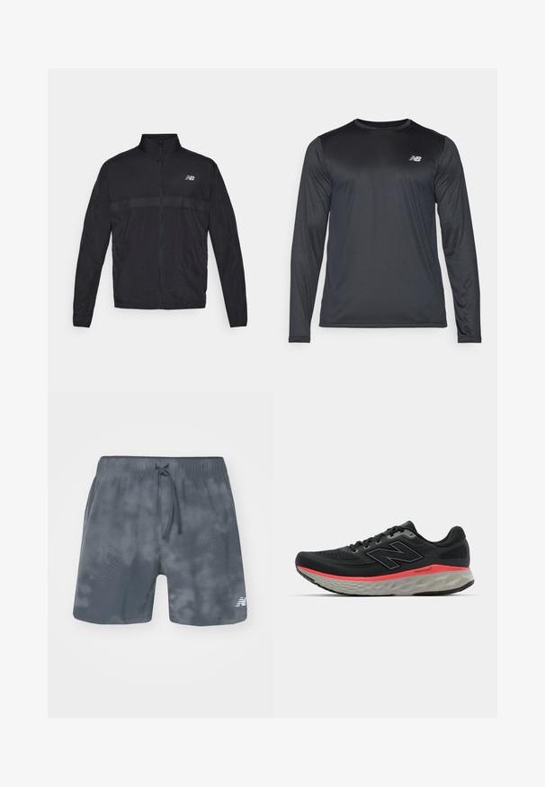 Black lightweight jacket with a high collar, full zip, and contrasting perforated panel at the chest. Features New Balance logo on the left side.; Long-sleeve athletic shirt in black, made of smooth, lightweight fabric with a subtle texture. Features small logo on the upper left chest.; Gray athletic shorts with a tie drawstring, made of textured fabric, featuring dotted patterns on one side and a logo on the lower right.; Black running shoe with mesh upper, accented by a pink midsole stripe and grey outsole. Features textured details and a flexible sole design.