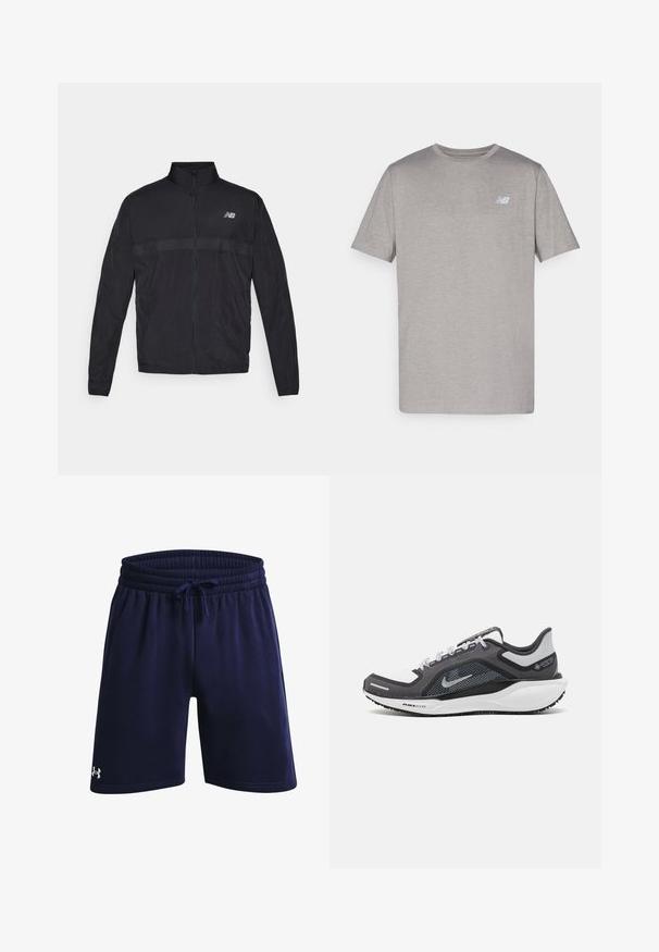 Black lightweight jacket with a high collar, full zip, and contrasting perforated panel at the chest. Features New Balance logo on the left side.; Gray short-sleeve t-shirt made of soft fabric featuring a subtle logo in light blue on the left chest. Round neckline, regular fit.; Navy athletic shorts made from soft fabric, featuring an elastic waistband with drawstring and a small white logo on the lower left side.; Black and gray athletic shoe with a mesh upper, reflective accents, and a white midsole. Features textured rubber outsole and laces.