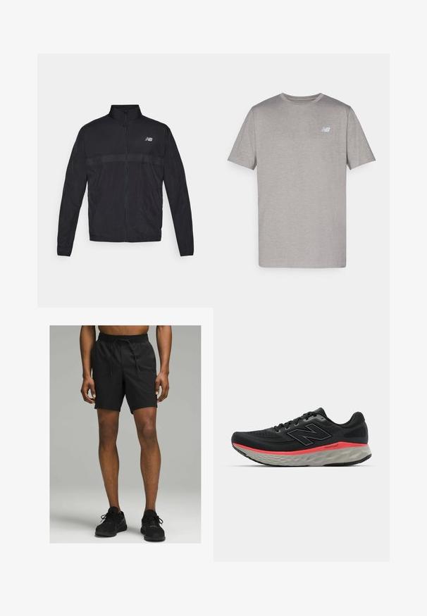 Jachetă ușoară neagră cu guler înalt, fermoar complet și panou perforat contrastant la piept. Prezintă logo-ul New Balance pe partea stângă.; Tricou gri cu mânecă scurtă, fabricat dintr-un material moale, având un logo subtil de culoare albastru deschis pe partea stângă a pieptului. Guler rotund, croială regulară.; Pantaloni scurți atletici negri, cu un elastic în talie și șnur, cu o lungime până la genunchi și o textură de țesătură ușoară și netedă.; Adidași negri de alergare cu partea superioară din plasă, accentuați de o bandă roz la mijlocul tălpii și o talpă exterioară gri. Prezintă detalii texturate și un design de talpă flexibil.