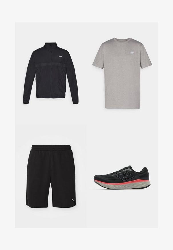 Svart lett jakke med høyt krage, hel glidelås og kontrastfarget perforert panel på brystet. Har New Balance-logo på venstre side.; Grå kortermet t-skjorte laget av myk stoff med en subtil logo i lys blått på venstre bryst. Rund hals, normal passform.; Svart trening shorts laget av myk stoff med elastisk midjebånd, med sidelommer og en liten reflekterende logo nederst til venstre.; Svarte joggesko med mesh-overdel, accentuert av en rosa mellomsålestripe og grå yttersåle. Har teksturerte detaljer og et fleksibelt såledesign.