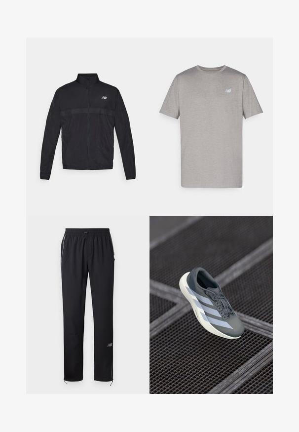 Svart lett jakke med høyt krage, hel glidelås og kontrastfarget perforert panel på brystet. Har New Balance-logo på venstre side.; Grå kortermet t-skjorte laget av myk stoff med en subtil logo i lys blått på venstre bryst. Rund hals, normal passform.; Sorte treningbukser laget av lett materiale, med elastisk liv, sidelommer og reflekterende detaljer på siden.; Sportsko leketøy i grått og hvitt, laget av syntetisk materiale, med et strømlinjeformet design, teksturert overflate og fremtredende snøresystem.