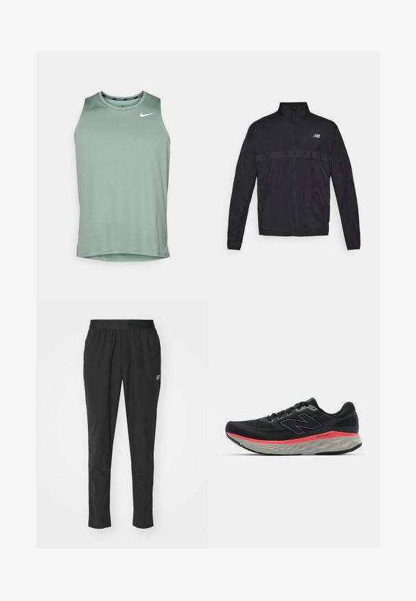 Zwarte lichtgewicht jas met een hoge kraag, volledige rits en contrasterend perforat painel bij de borst. Bevat het New Balance-logo aan de linkerkant.; Nike Performance MILER TANK - Top - clay green/reflective silver-coloured; Zwarte sportieve broek van lichtgewicht materiaal met een elastische tailleband, een taps toelopend ontwerp en een subtiele logodetail aan de zijkant.; Zwarte hardloopschoen met een bovenwerk van mesh, geaccentueerd door een roze tussenzoolstreep en een grijze outsole. Bevat textuurdetails en een flexibele zoolontwerp.