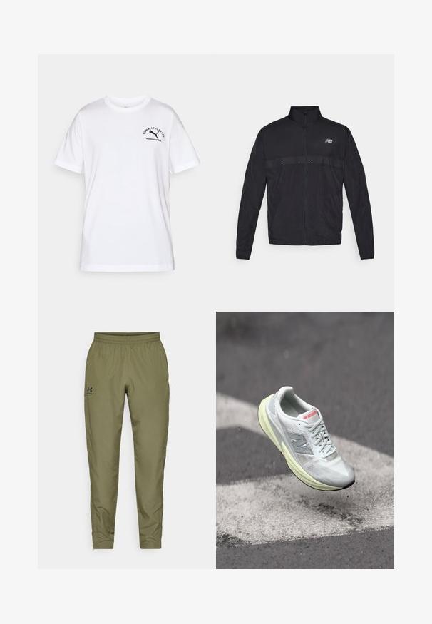 Jachetă ușoară neagră cu guler înalt, fermoar complet și panou perforat contrastant la piept. Prezintă logo-ul New Balance pe partea stângă.; Cămașă albă din bumbac cu guler rotund, mâneci scurte. Prezintă un text și o grafică logo în negru pe partea stângă. Design simplu, nelucrat.; Pantaloni atletici de culoare verde olive cu un tiv elastic la talie, picioare înguste, o textură netedă și un mic logo negru pe partea stângă.; Adidași ușori pentru alergare cu un superior din plasă albă, talpă intermediară galbenă și accente gri. Prezintă un logo proeminent „N” și o suprafață texturată.
