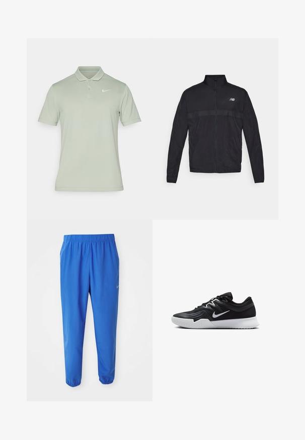 Černá lehká bunda s vysokým límcem, kompletním zipem a kontrastním perforovaným panelem na hrudi. Na levé straně se nachází logo New Balance.; Nike Performance SOLID - Polotričko - jade horizon/white; Modré sportovní kalhoty s elastickým páskem, rovně střiženými nohavicemi a zúženými manžetami. Na levé straně se nachází zlaté logo Nike.; Černá atletická bota s texturovaným svrškem, bílým logem Nike a bílou gumovou podrážkou. Disponuje šněrovacím designem a dynamickým tvarem.